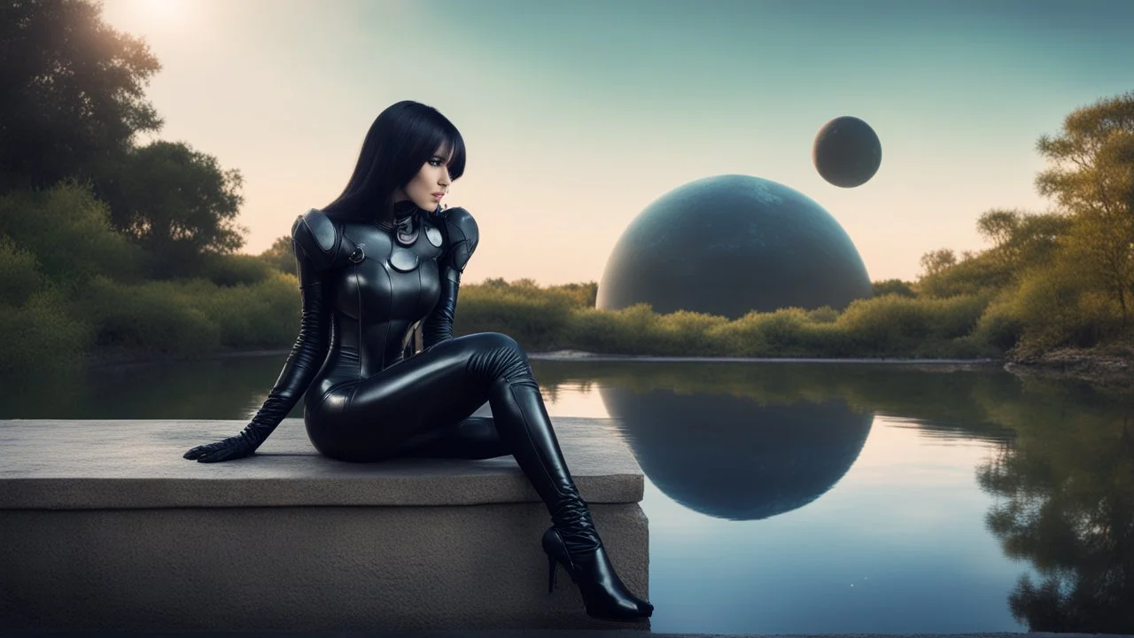 fantasy photo of a woman with black hair, sitting on a ledge over a pond, wearing an android-looking catsuit, sideways, with a planet behind her