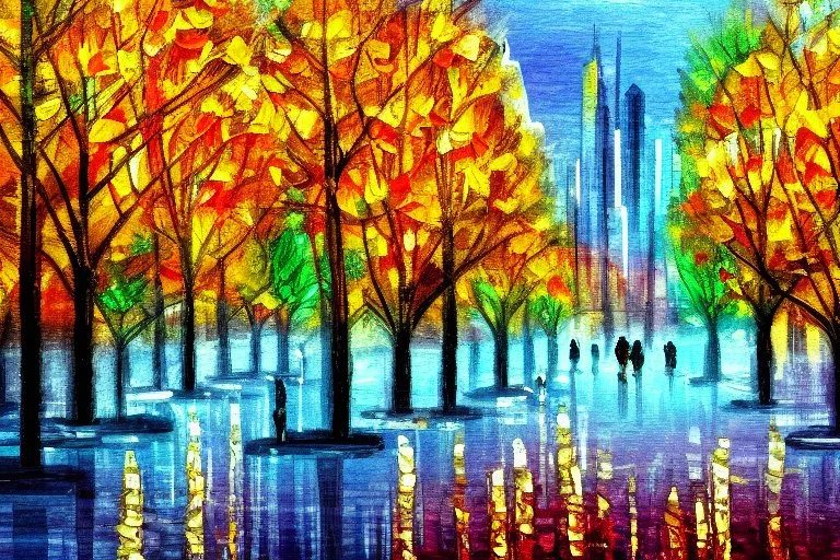 City near trees, Photography, impressionism painting