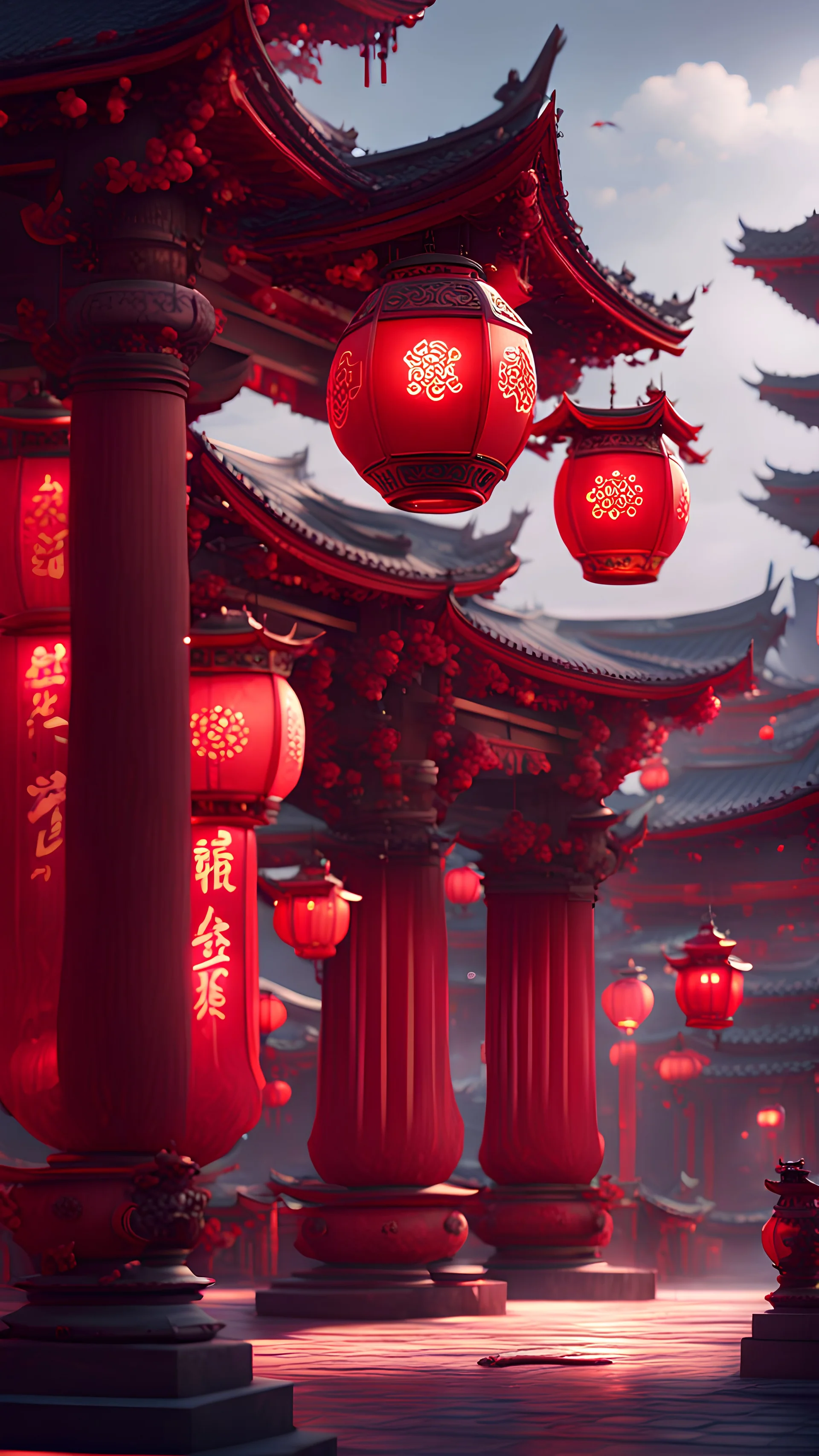 a couple of red lanterns sitting on top of red pillars, a detailed matte painting by Pu Hua, cg society contest winner, arabesque, official art, volumetric lighting, concept art