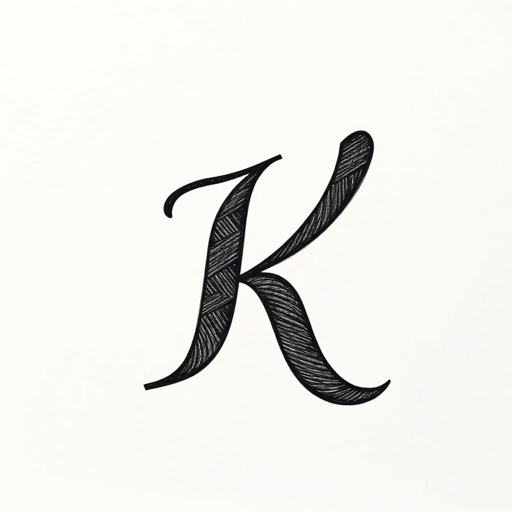 the letter K on a in a thick flowing font, smooth black letter, engraved