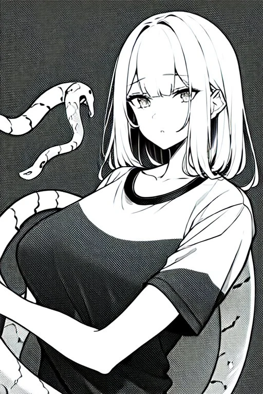 girl in T-shirt covered with snakes, greyscale