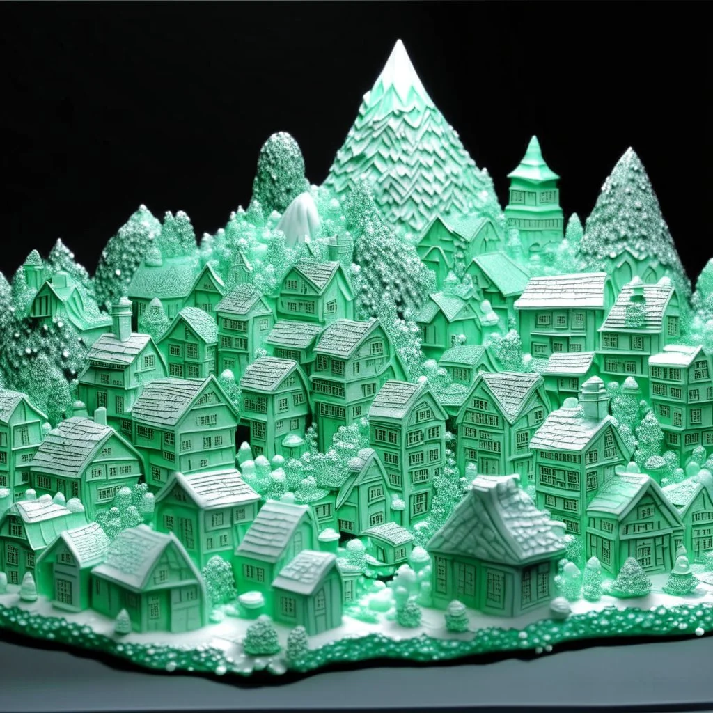 A mint colored village made out of diamonds painted by Alan Sorrell