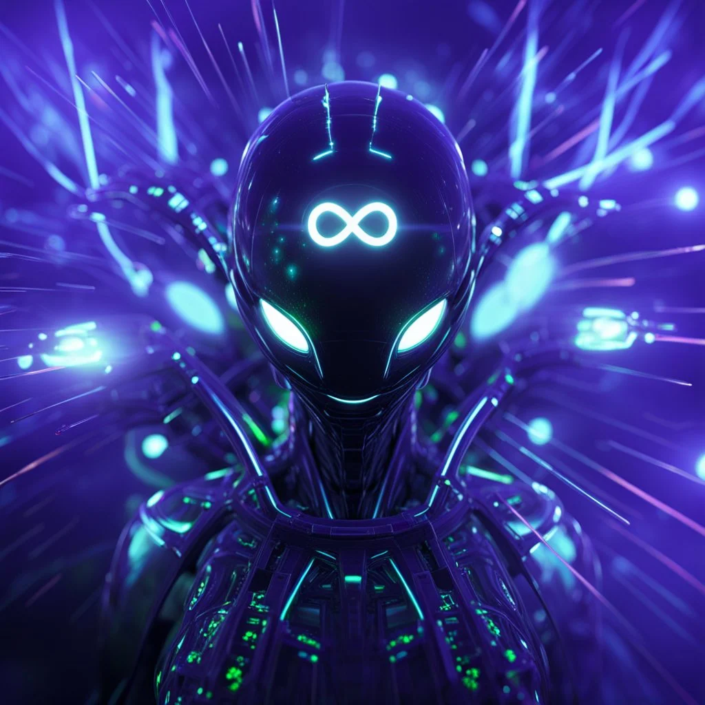 3D infinity symbol ∞ on alien's forehead, infinity figure-of-eight symbol is totally-symmetrical and glowing, exotic, neon, alien, inspiring, fantasy, scientific, friendly, beautiful, octane render, 8k post-production, artstation: award-winning: atmospheric: commanding: fantastical: clarity: 16k: ultra quality: striking: brilliance: liquid medium: stunning colors: amazing depth; lens: f/8, 28mm