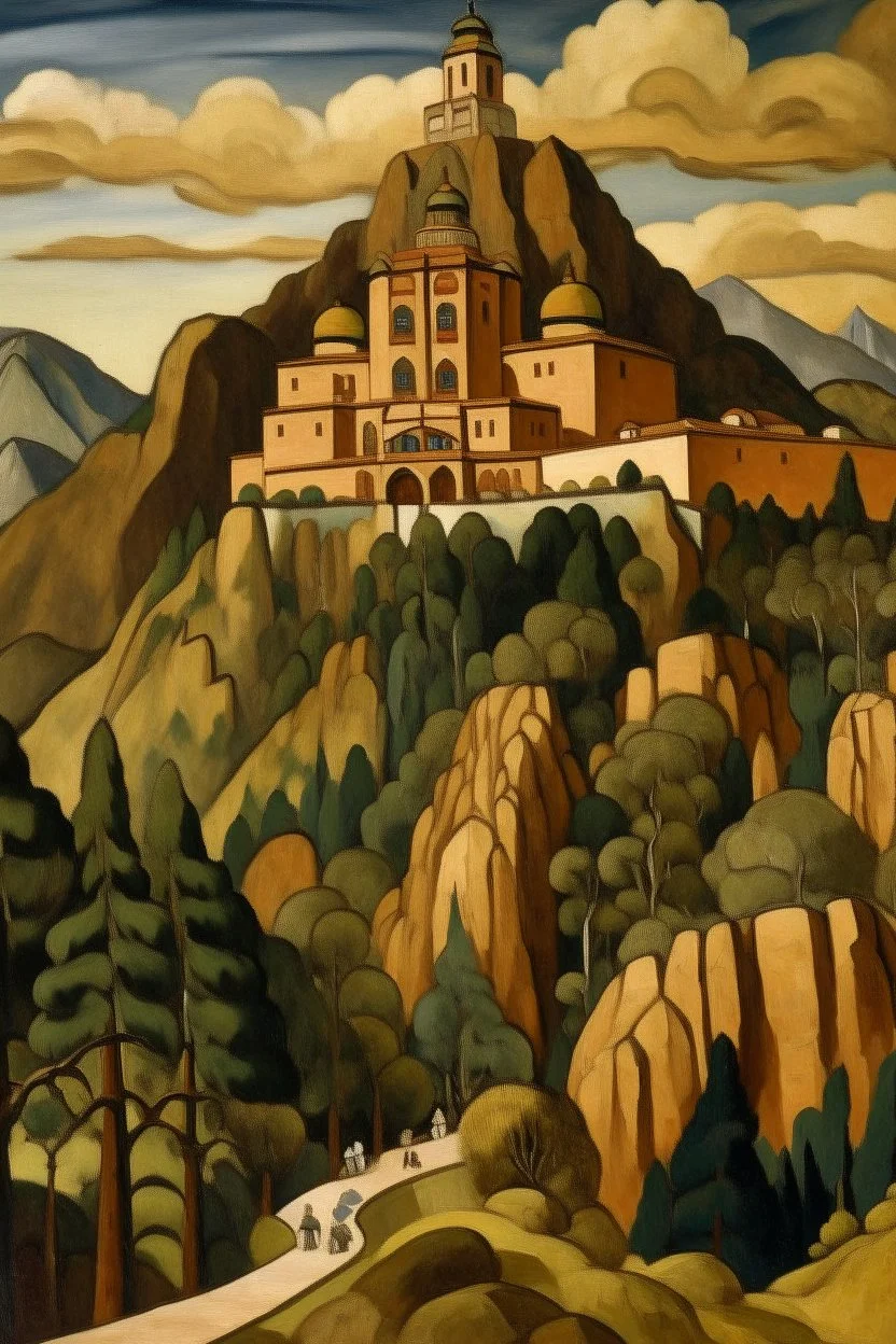 A brown palace on a mountain painted by Diego Rivera