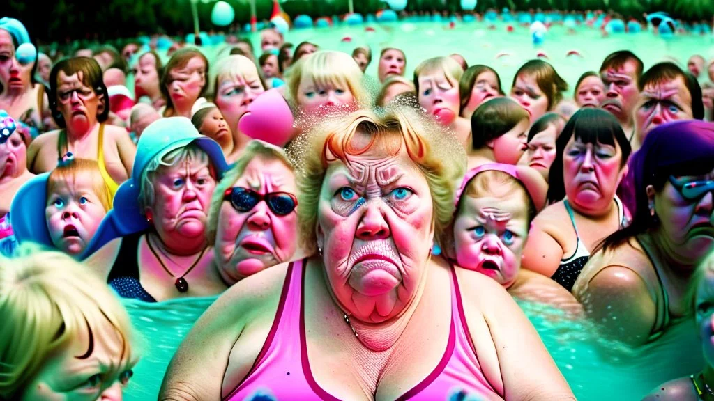 wide angle of mother pouting at a crowded water park