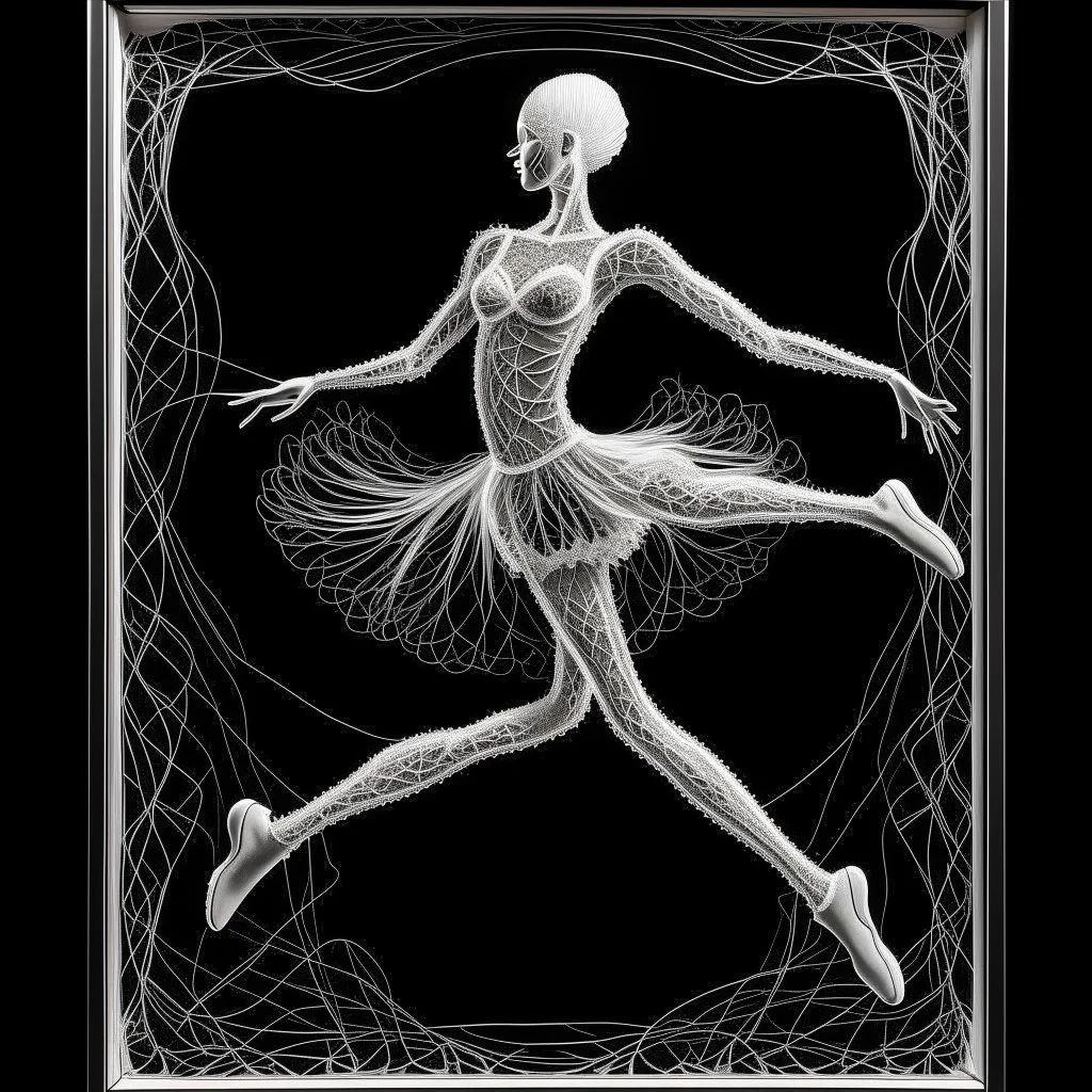 2d yarn and string art, minimalism, ballerina in arabesque pose made entirely out of white string, dark negative space, extreme contrast, concept art, stunning, dramatic, filigree, intricate details, string textures, strands of string hanging down from to on frame