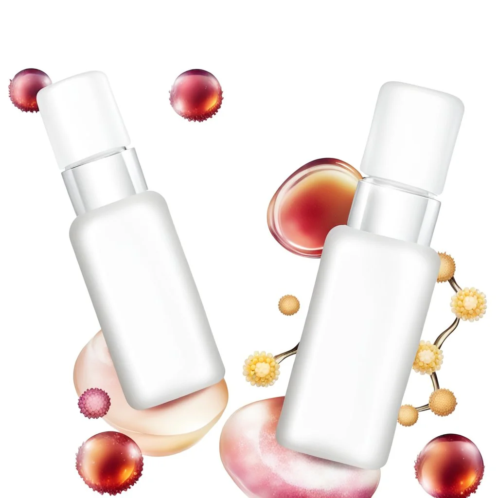 two bottles for cosmetics, behind a beautiful floral spring floral background, top view picture, in the background there are beautiful soap bubbles, molecules and honeycombs, high-quality picture, top view