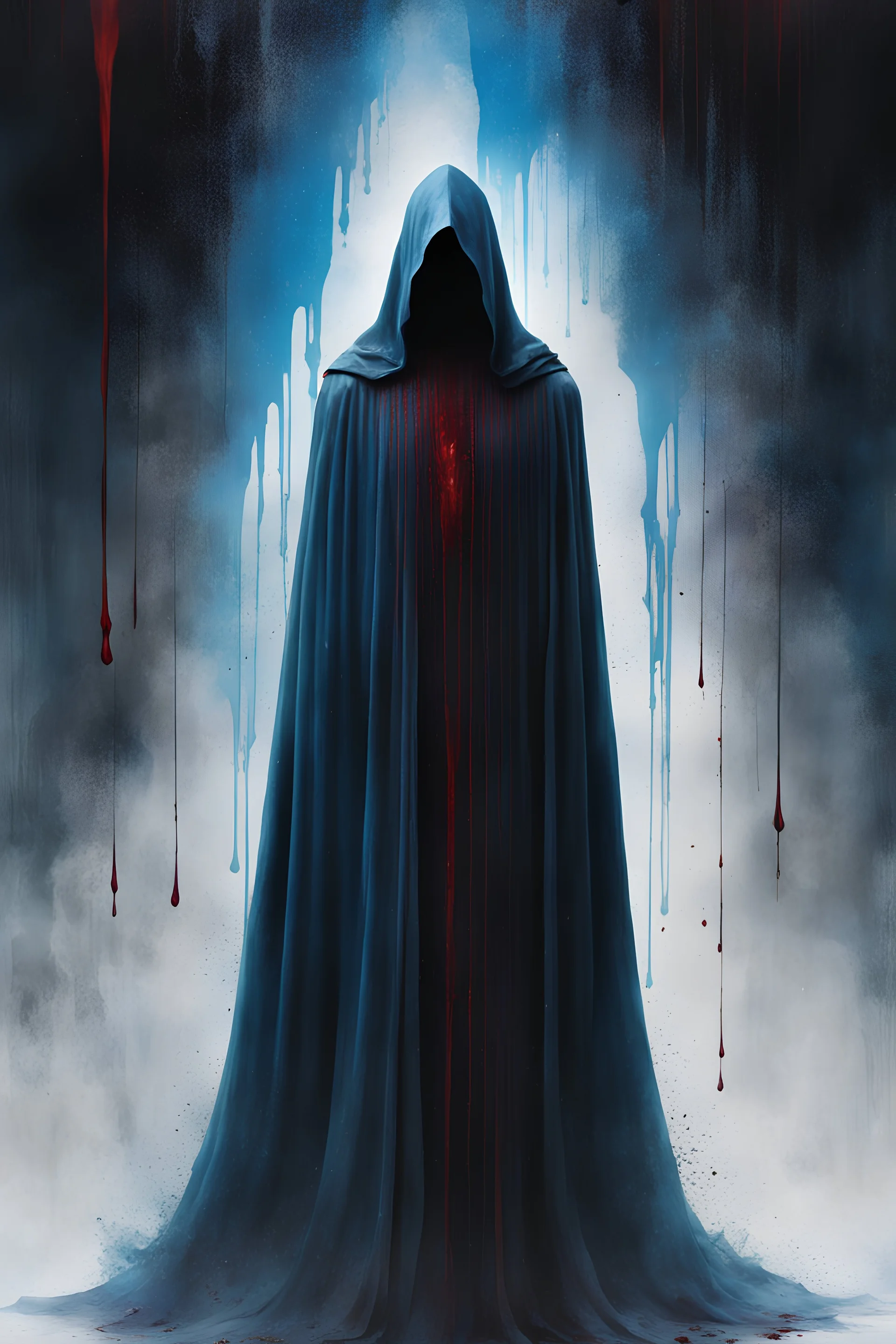 book cover of a cloaked figure facing away from the viewer. looking to the side. holding left arm up looking at it. arm is dripping with blood and transitioning to a blue ethereal form.