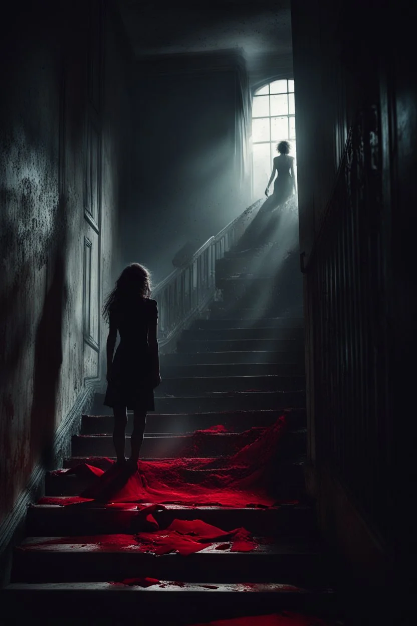 a broken red rose and a broken, bloody, torn, beaten woman lie at the bottom of a dirty staircase. At the top of the stairs stands the silhouette of a massive man, behind him a small light leaks through an open door, dramatic, gloomy atmosphere, sad, weird, dark colors, cinematic, realistic picture