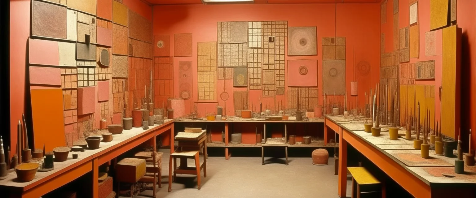 A pinkish-orange color workshop filled with machines painted by Paul Klee