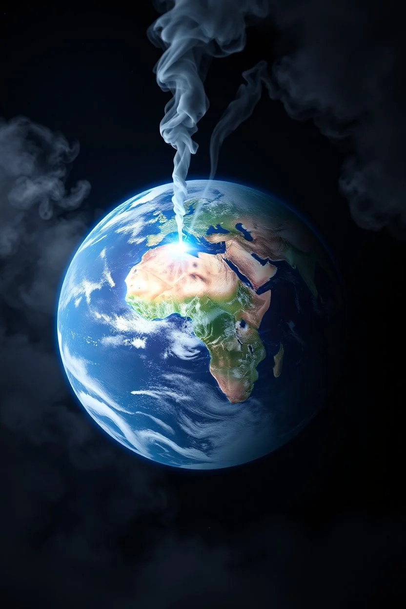 en satellit bild från rymden på jorden, den ska lysa med blått ljus och det kommer rök ifrån den och ser ut att spricka lite, bilden ska visa hela jord globen, långdistans robotar flyger mellan olika kontinenter