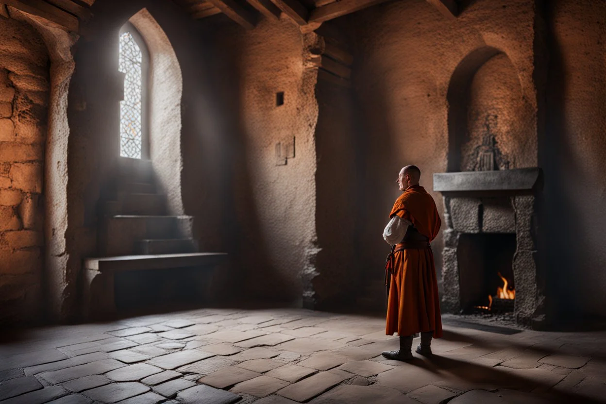 Interior of castle, warrior monk stands before the fireplace