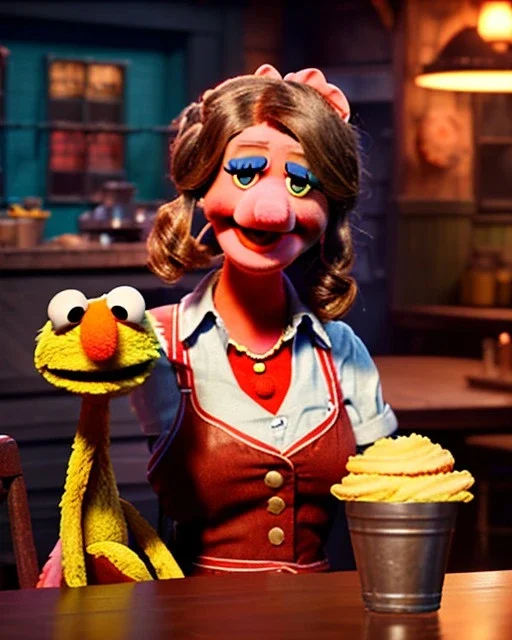 waitress woman with Sesame Street muppet mask-head, concept art, retro style, smooth, unreal engine 5, god lights, ray tracing, RTX, lumen lighting, ultra detail, volumetric lighting, 3d.