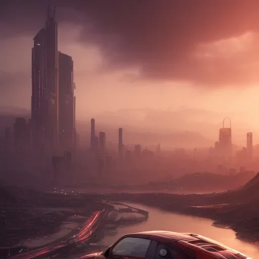 cyberpunk,landscape ,cars , cinamatic, highly detailed, close up, 4k , deep colours, gold , fire , red, purple,dark ,etheral , utopia , apocalypse,