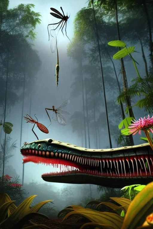 large venus fly trap with teeth eating a dragonfly, flowers, jungle, hyperrealistic, trees in background, digital art, alien like, disgusting, intricate, morbid, rainy, sinister, volumetric lighting, unreal engine, high resolution, 8k, depressing colors, dark colors, horror, horrific,