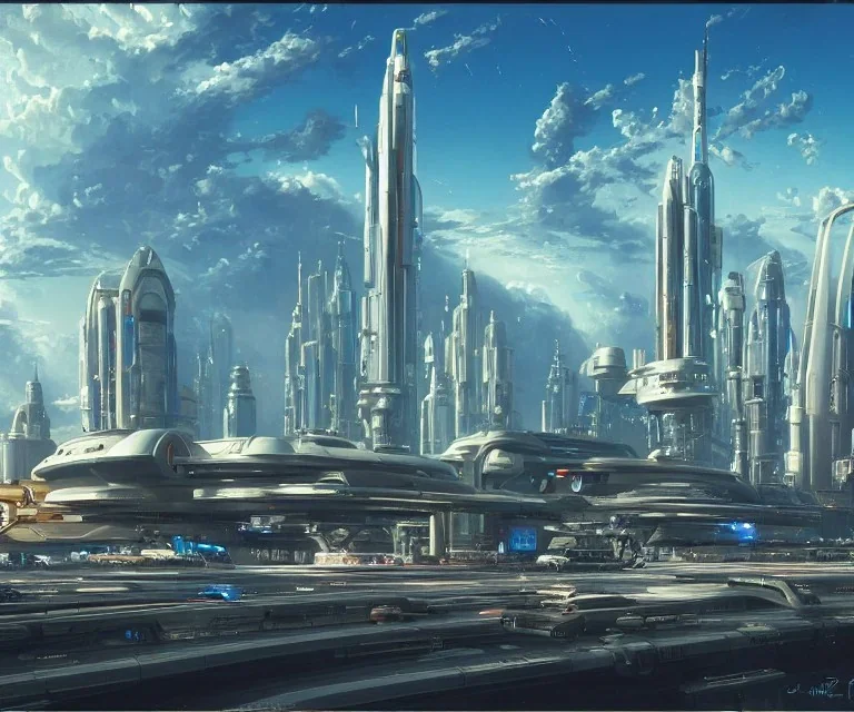 Spaceport on a heavy industrialized planet with a futuristic city in the background and a docked spaceship in the foreground, retrofuturistic, art by John Berkey, buildings with glass facades, brutalist architecture, insanely detailed, vibrant, 8k uhd, cinematic atmosphere, ultra-wide angle, street level view, brush strokes, blue sky with clouds, sharp focus