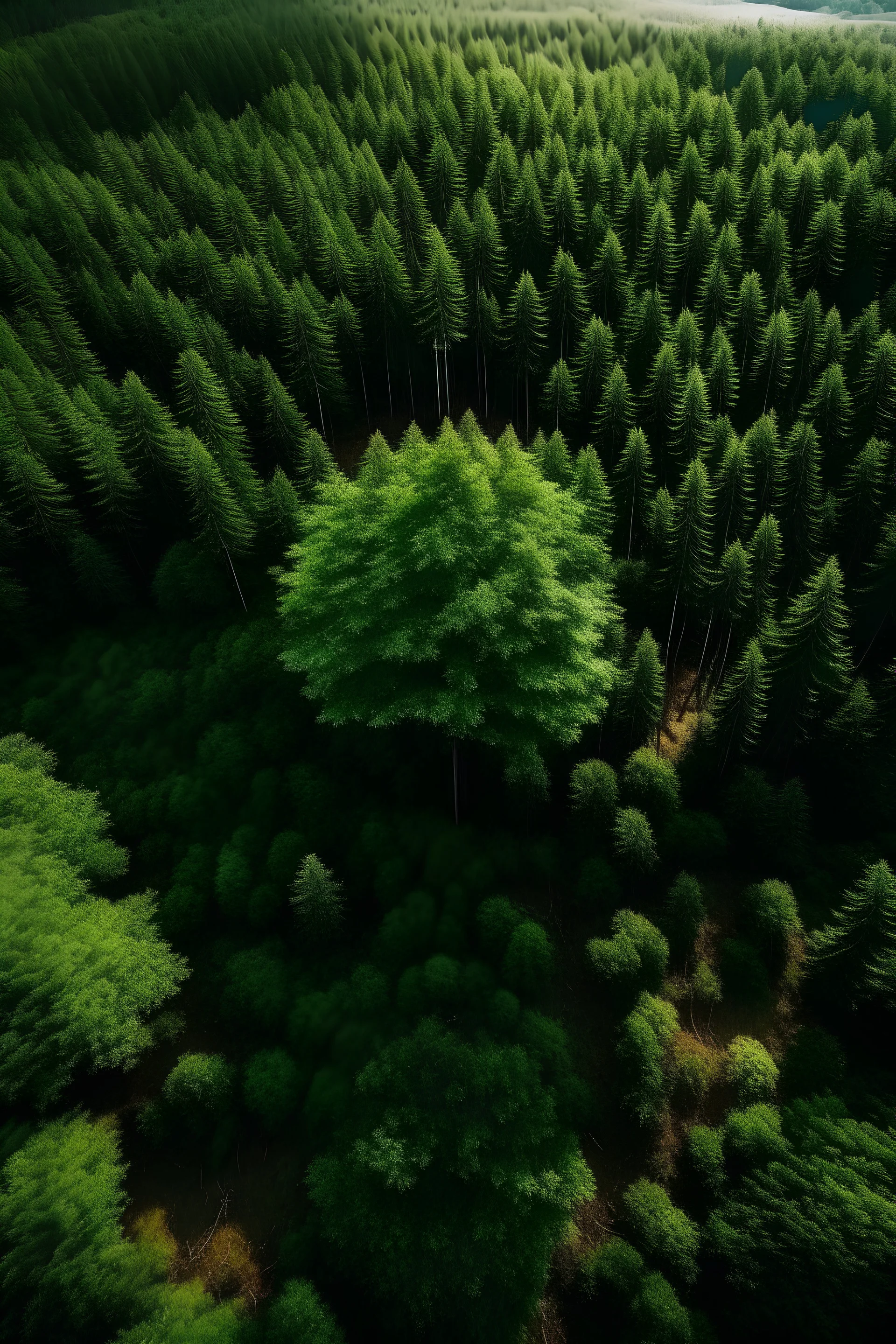 Árbol gigante en medio de un gran bosque visto dese el cielo