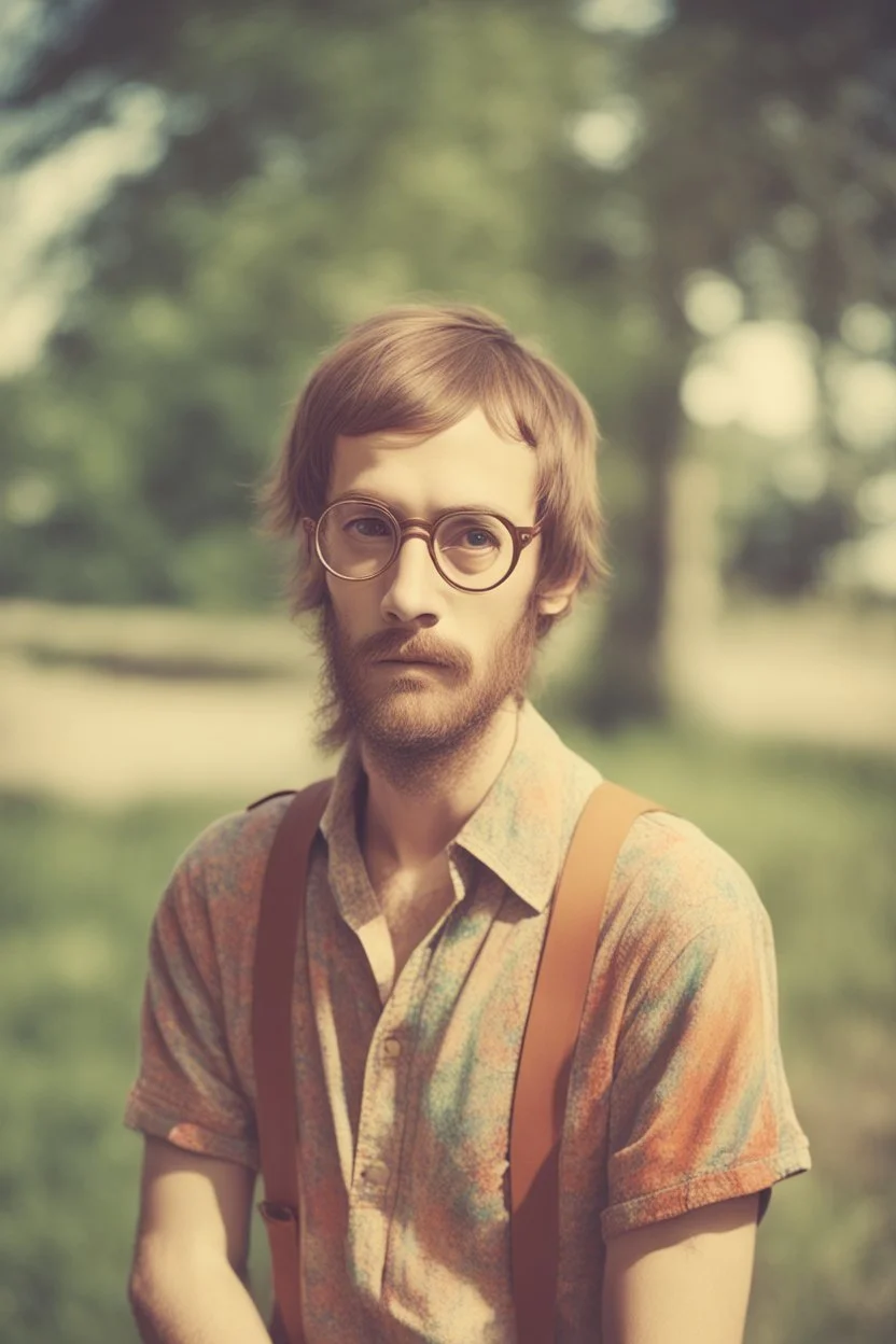 hippie young man with glasses of colours and poor and short short short and poor hair on the head with receding hairline. Farsightedness glasses with big eyes. Shirt beard in the head. Vintage look and feel like photo style-of the 70s