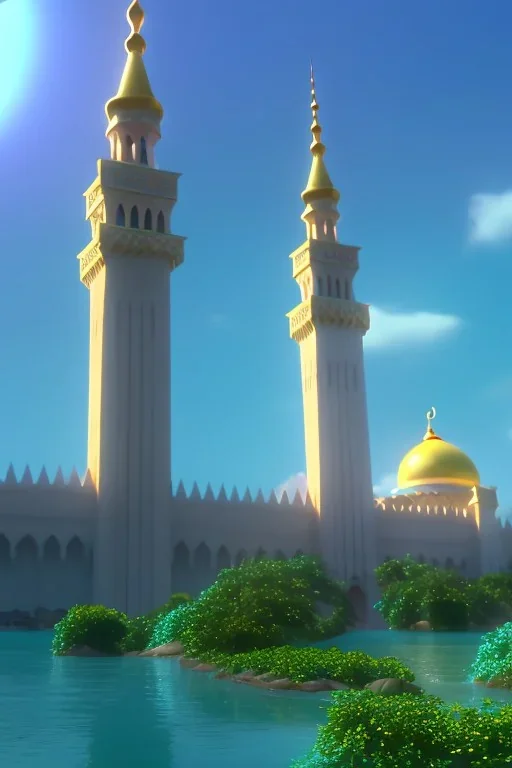 4d 8k, cinematic view, rendered by engine 5, mosque, skyscrapers, landscape, river, sun, birds, trees,