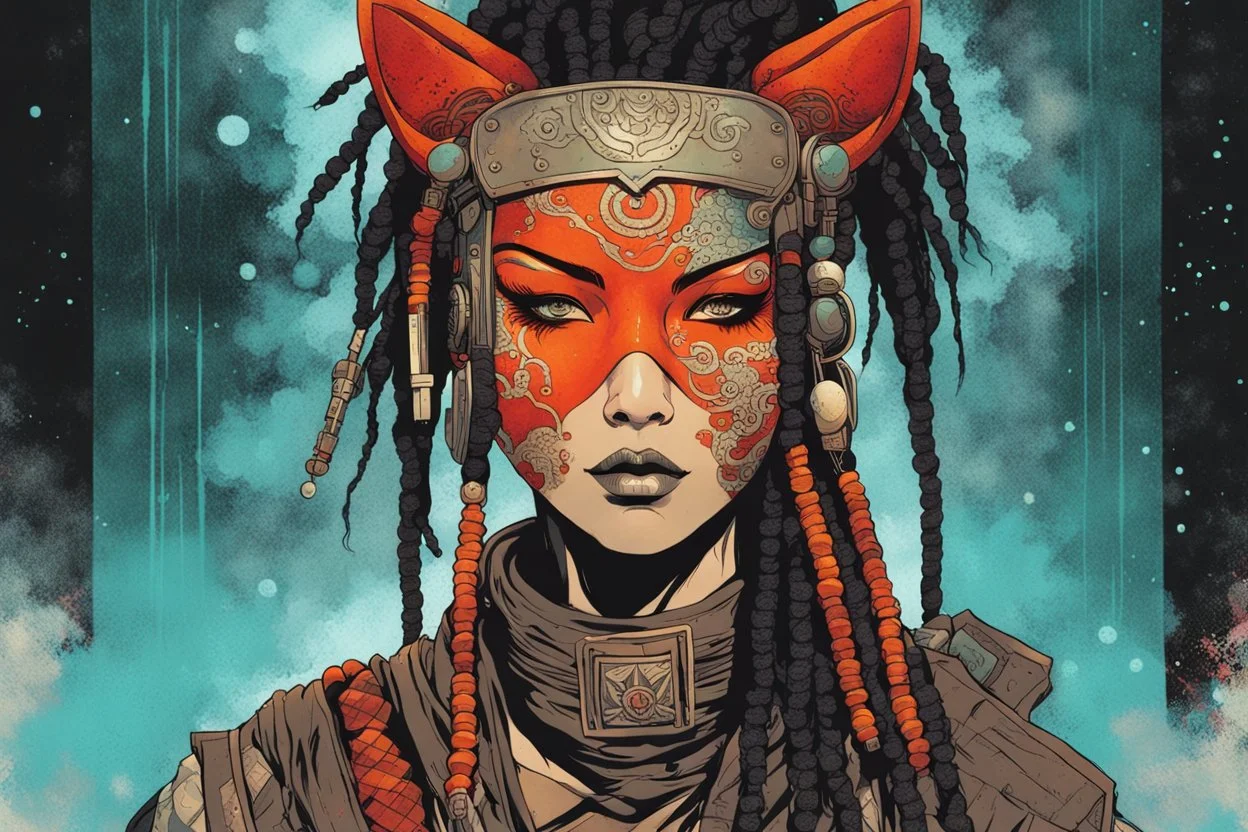 front facing portrait illustration of a grunge armored female , beaded dreadlock hair, cyberpunk vampire mercenary wearing an ancient ornate japanese kitsune mask , and shemagh, highly detailed with gritty post apocalyptic textures, caught in a cosmic maelstrom of swirling gases , finely detailed facial features and hair, in the graphic novel style of Bill Sienkiewicz, and Jean Giraud Moebius, ink wash and watercolor with realistic light and shadow