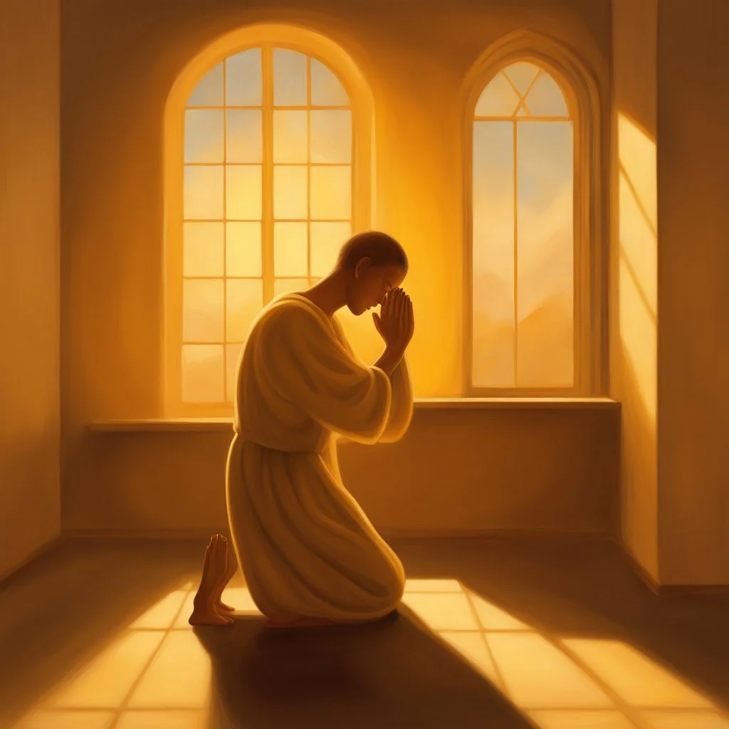 A single figure kneels in prayer, bathed in a warm, golden light spilling through a window. The figure's features are obscured, focusing on the posture of surrender and a subtle glow around the heart area.