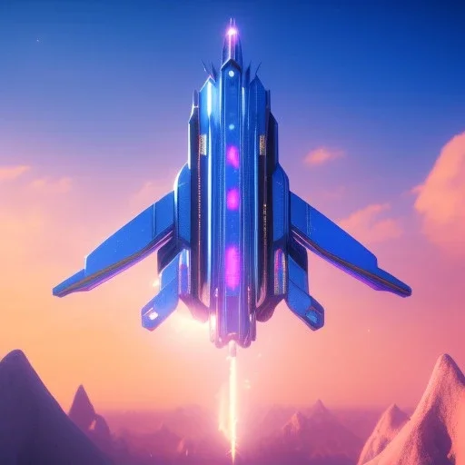 a crystalised blue pink spaceship, gold, diamonds, lightbeams, sunny background, atmospheric, realistic, unreal engine, 8k. Cinematic lighting, octane render.