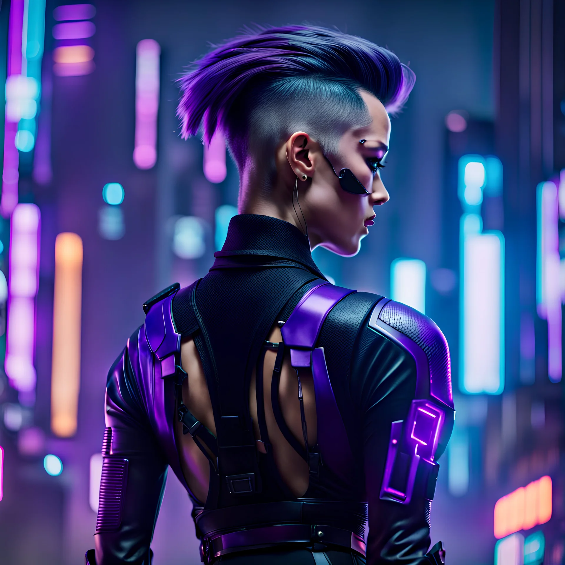 Cyberpunk assassin, short slicked-back hair, cyberpunk background, black purple bodysuit, view from the back, cyberpunk style