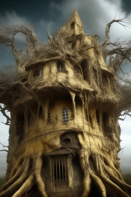 surrealis monochrome A fragmented, surreal sculpture liguid color of photorealistic image 3d,psychedelic art of an castle glossy emerging from dreamlike a crumbling building. The face appears pale with deep cracks and intricate details, evoking a haunting expression. Blackened tree branches intertwine with the gold mengkilat cracks, set against a backdrop of stormy, cloud-filled skies. bauhaus art The overall tone is dark and moody, suggesting themes of decay and transformation.