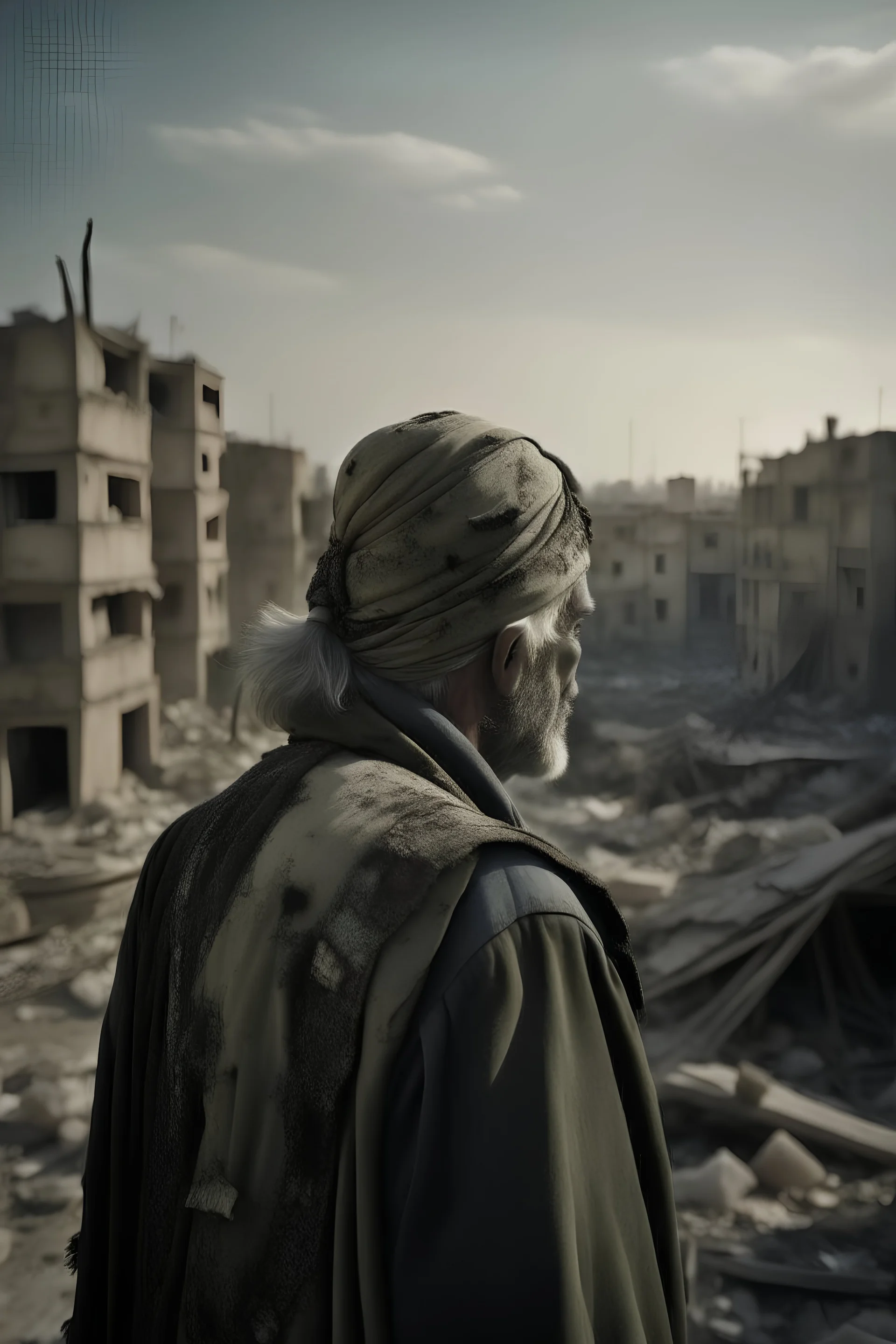 imagen con una persona anciana en la lejanía con la cara cubierta con turbante estilo arabe , con armadura desgastada, mostrando un fondo de ciudad destruida por la guerra