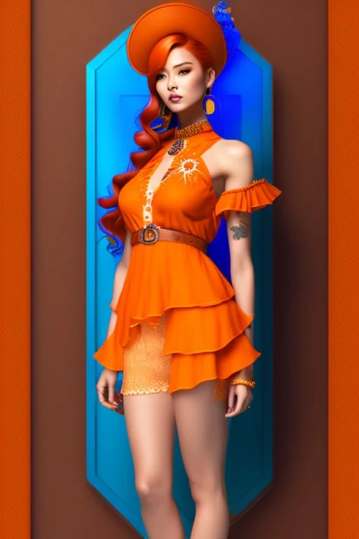 Full body of beautiful girl nami, Hair Color: Orange, Style: Wavy, Outfit Top: Blue, Outfit Bottom: Orange, Shoes: Brown, Accessories: Tangerine, Weapon: Clima-Tact, Hat: Straw, Tattoo: Pinwheel, Earrings: Hoops, sophisticated,, beautiful woman, hyper realistic, hyperrealism, photoreal, realistic, photorealistic, soft pastels, full-body, standing, long shot, wide angle, aesthetic