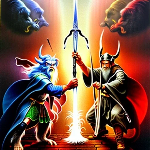 Dibujo al oleo épico de batalla del señor de los anillos del mago gandalf contra balrog estilo Michelangelo