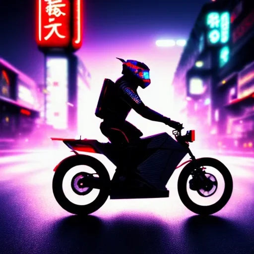 photo of a ninja riding a bike; in an alternate universe in tokyo; cyberpunk; realistic; rain; neon signs