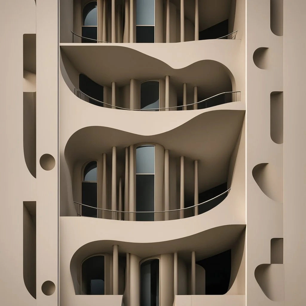 The facades of a building inspired by the olive kernel, presented in a minimalist and modern style.