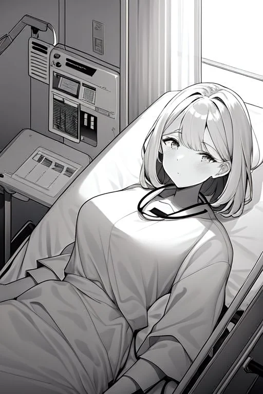 girl in bed, hospital patient room, greyscale