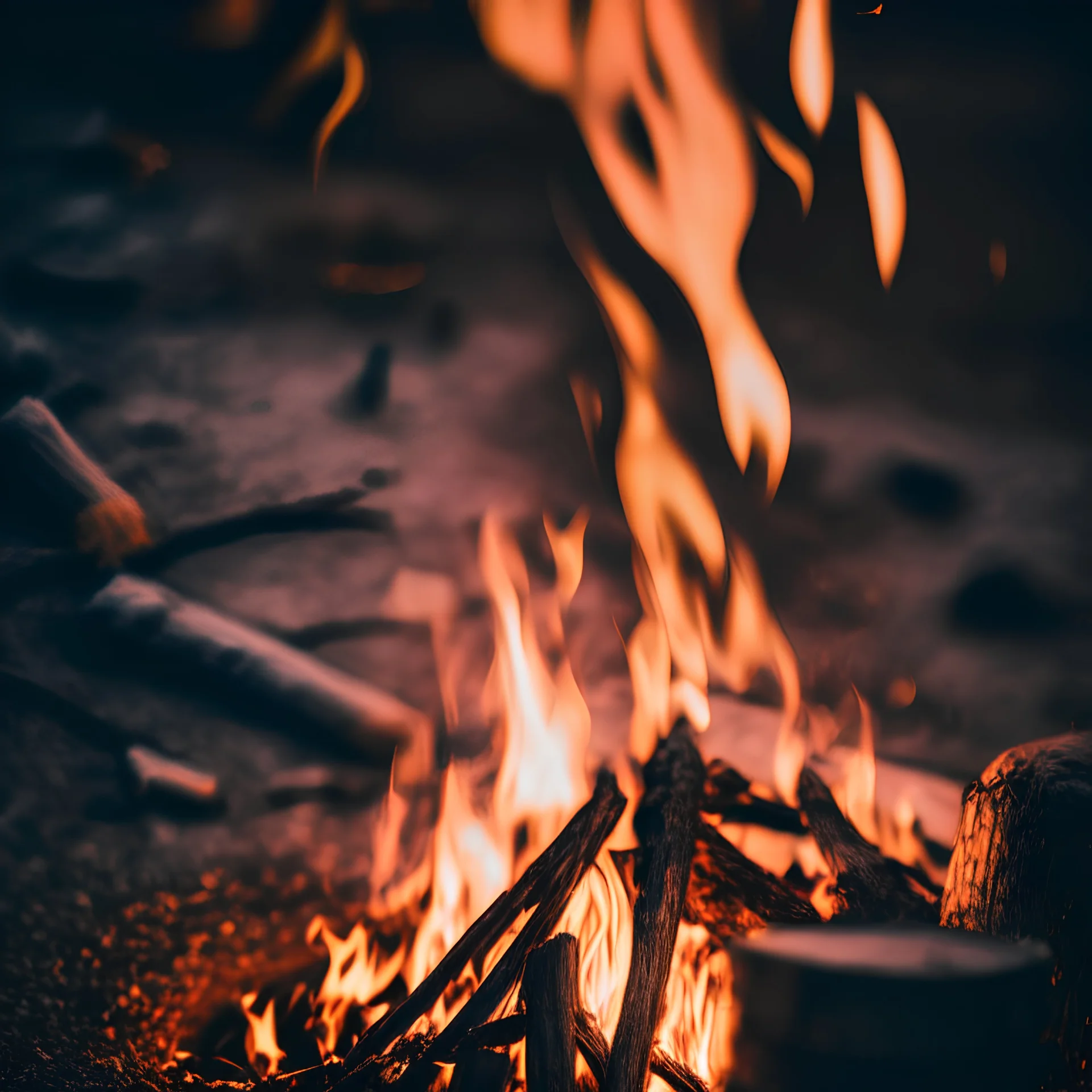 a campfire, peaceful, Macro shot, adobe lightroom cinematic filter,