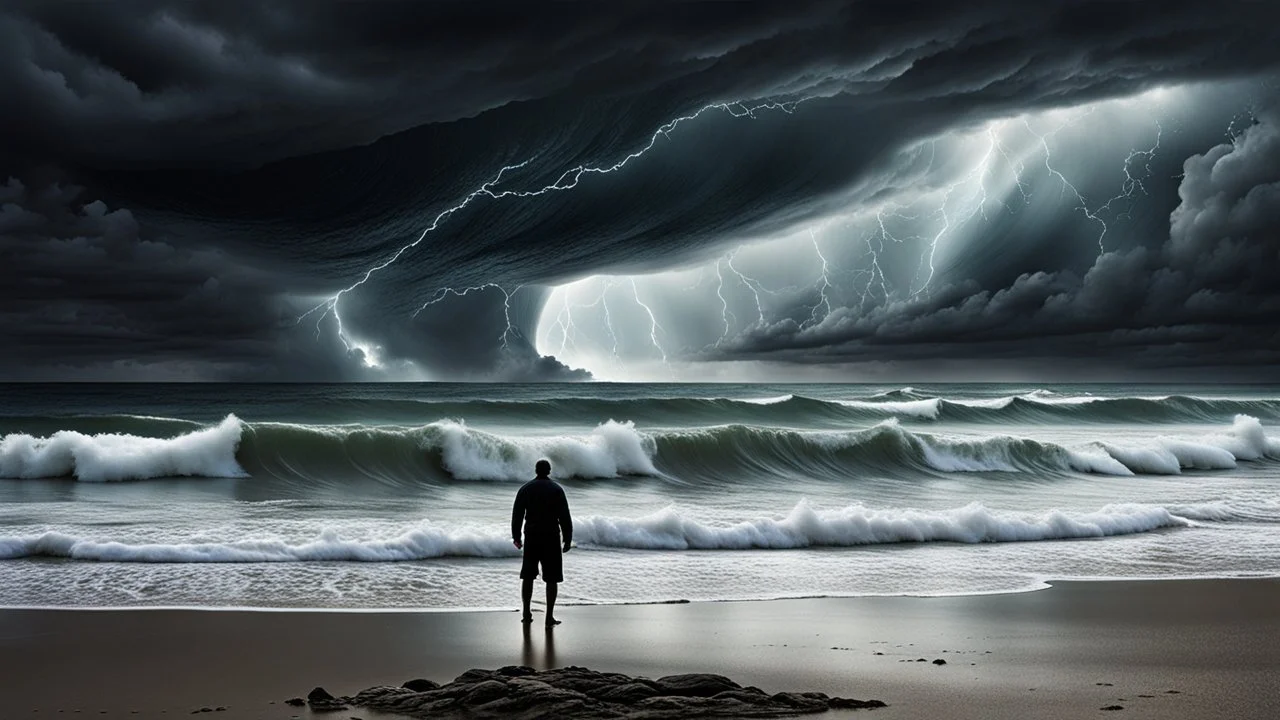 A lone figure stands on a deserted beach, gazing out at a turbulent ocean under a stormy sky. The figure's silhouette is stark against the dramatic backdrop, emphasizing a sense of isolation. The inner world is suggested by subtle, swirling colors within the silhouette, contrasting with the harsh reality of the external environment. Rendered in a photorealistic style with intense atmospheric lighting, capturing the raw power of nature and the quiet solitude, surreal, weird