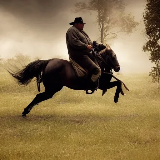 Fat guy on a horse in dark and scary place fighting with enemy