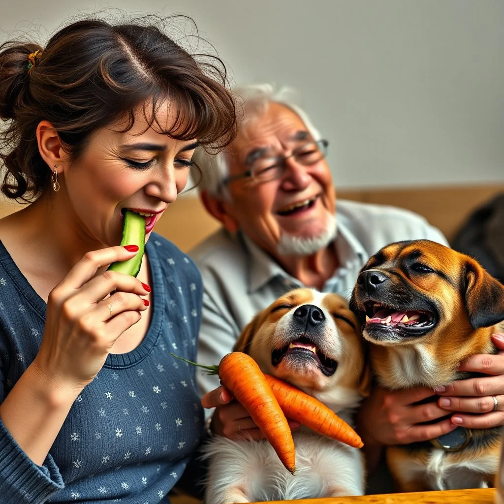 Fotografia ad alta definizione di una donna che sorseggia un cetriolo godendo, mentre accanto a lui due cani piangono a crepapelle, mentre sorreggono con le loro mani un uomo che ride con una carota che dorme. Alle loro spalle si vede una anziana che discute con qualcuno allegramente