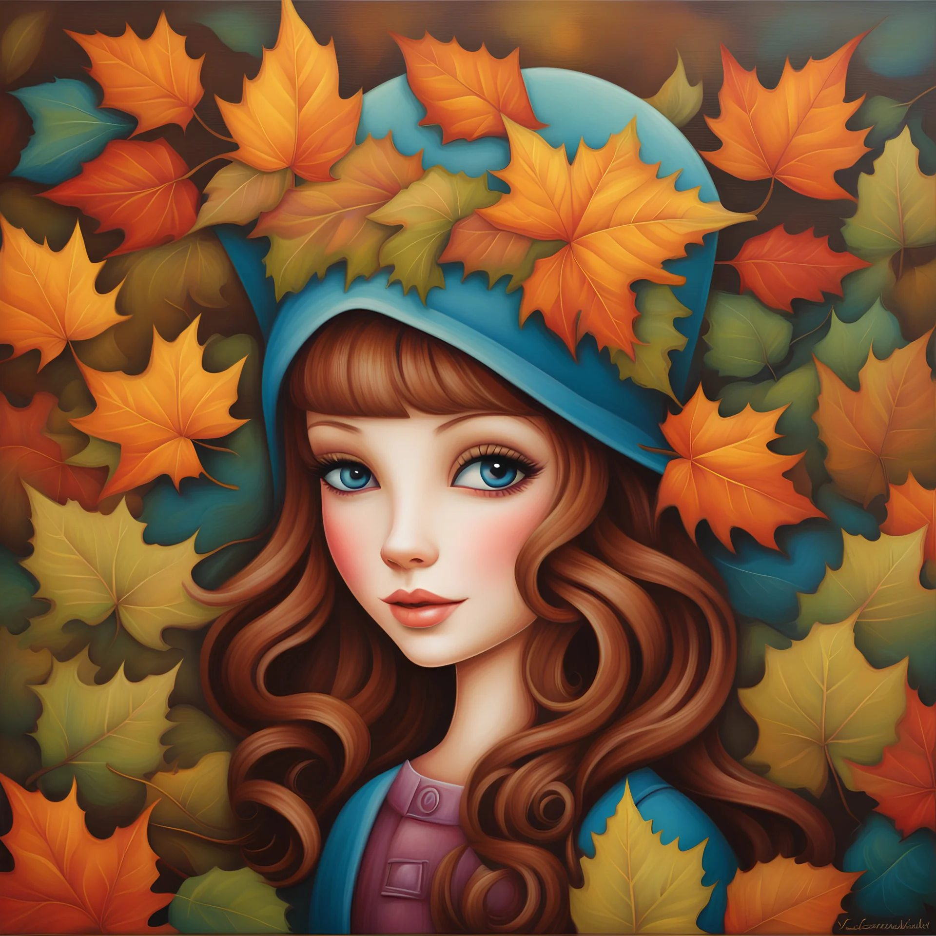 Masterpiece, best quality, Jeremiah Ketner style painting of a portrait of a girl in autumn park, autumn leaves in background, painted by Jeremiah Ketner