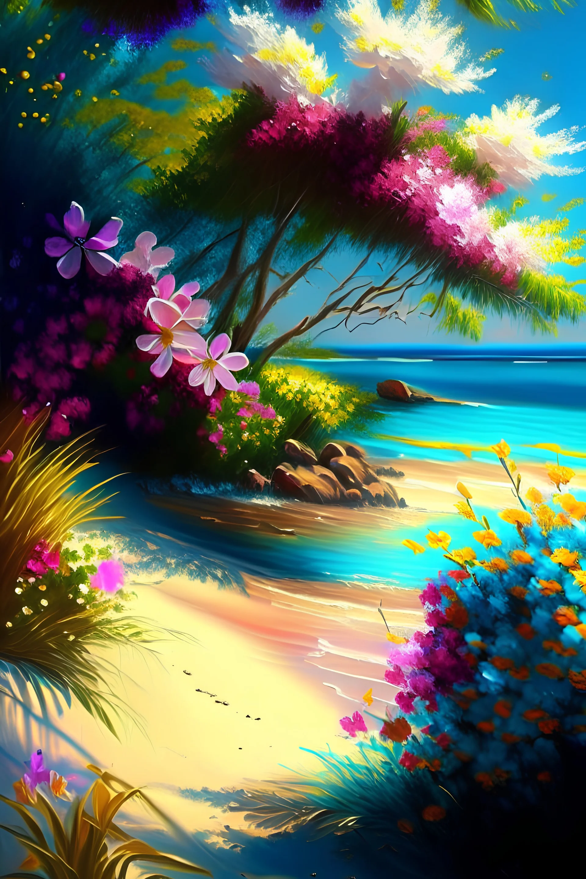 full light,highlight, trees, water, day, sun day, an idyliic beach with bright colorful flowers, ocean, sun,flower, paradise, realistic art, brush, pencil, detailed