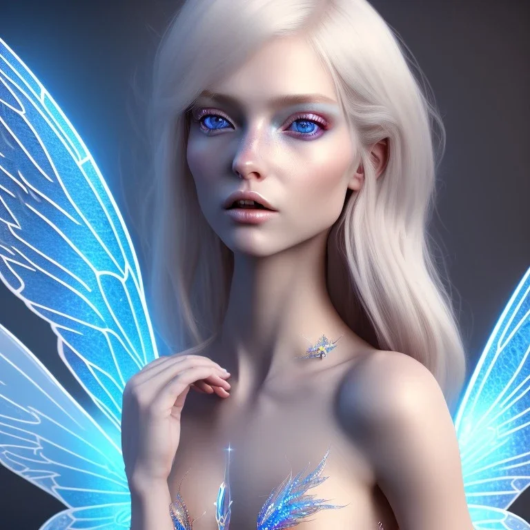 beautiful blonde fairy, blue eyes, in a magical ambiance, transparent wings, delicate colors, finely tuned detail, ultra high definition, 8 k, unreal engine 5, ultra sharp focus