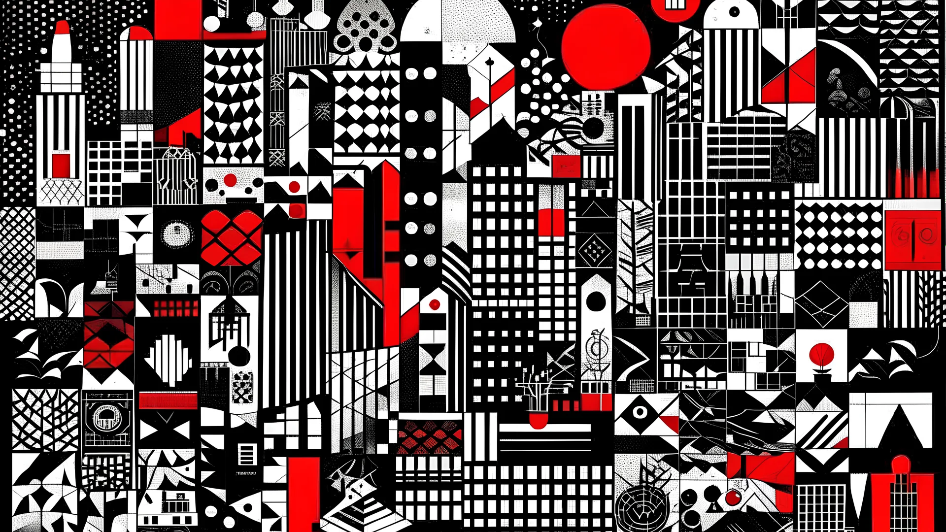 An abstract and geometric illustration by Malevich and Kuniyoshi of a black and white digital city filled with symbols with an anarchist red and back flag.