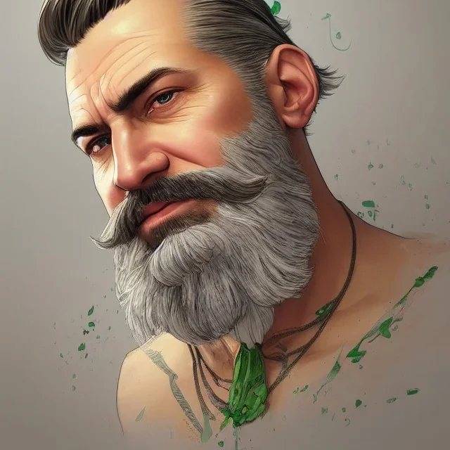 "MIddle aged white human male, with a trimmed but uneven beard, piercing green eyes with slick back hair head and shoulders portrait, 8k resolution concept art portrait by Greg Rutkowski, Artgerm, WLOP, Alphonse Mucha dynamic lighting hyperdetailed intricately detailed Splash art trending on Artstation triadic colors Unreal Engine 5 volumetric lighting Splash art fantasy"