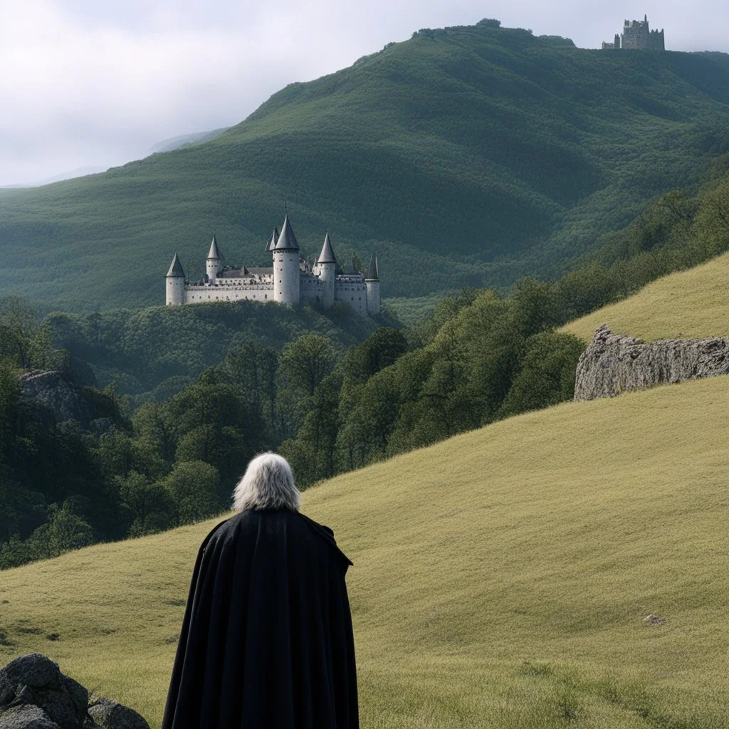 The lord of the Hell on the right, looking at the camera. A landscape with his castle on a hill in the background.