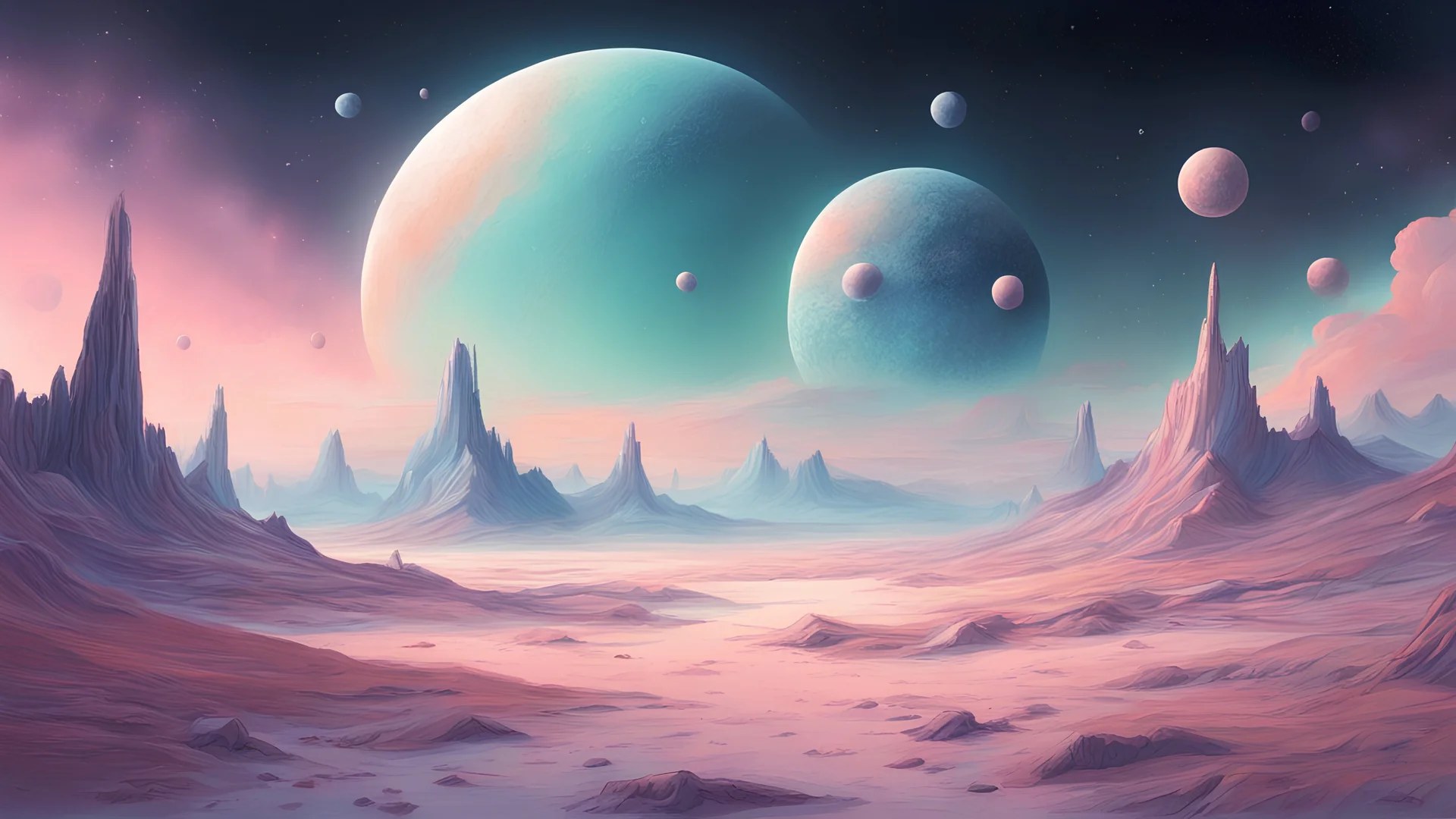 Chill landscape, pastel colors, detailed, space