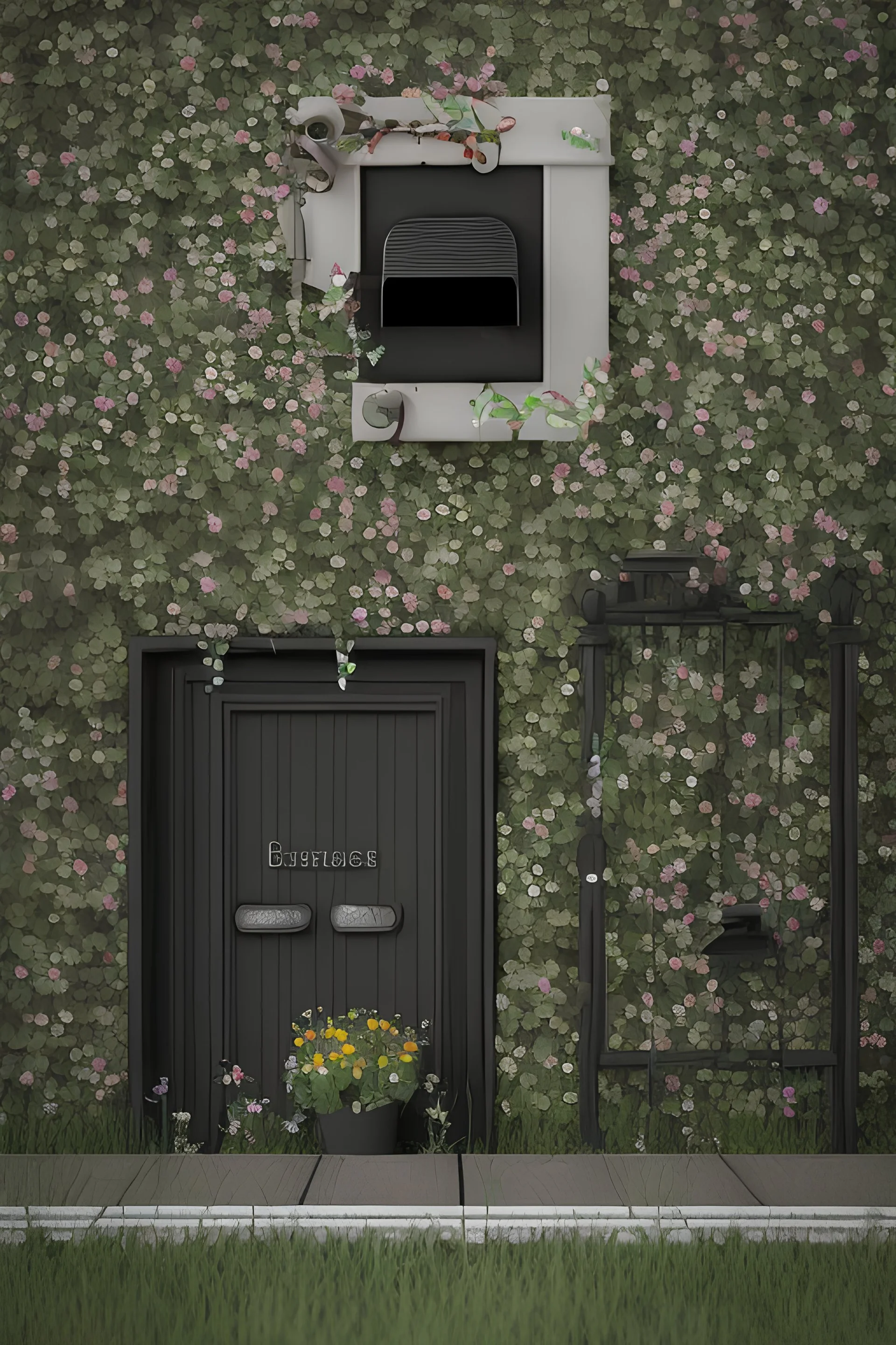 {{{{ ◙ }}}} black sky, soft black clouds, dark, deep contrast, • garden, fence, mailbox, letterbox, doorstep, door, front porch, porch, flower pots, pots, planter boxes, entryway, foyer, low stool, stool, garden bench, chair, butterflies, bees, flowers, water feature, wood hot tub, intricate background, stunning background, beautiful background, amazing background, no human, ■■ ((extremely delicate and beautiful)), ■■ {{{{dynamic lighting, ultra-detailed, best quality, 4k resolution illustration