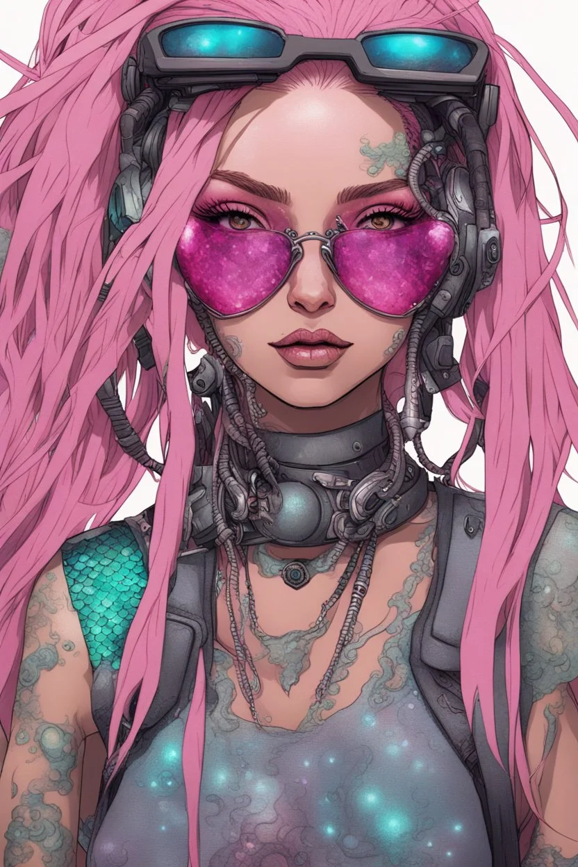 mermaid cyberpunk some fish scales on face pink hair dreadlock sunglasses gem in front