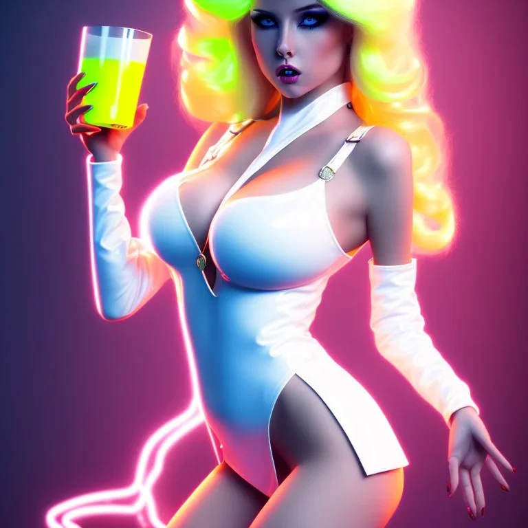 Neon blonde pop girl in white costume, big boobs , drinking milk