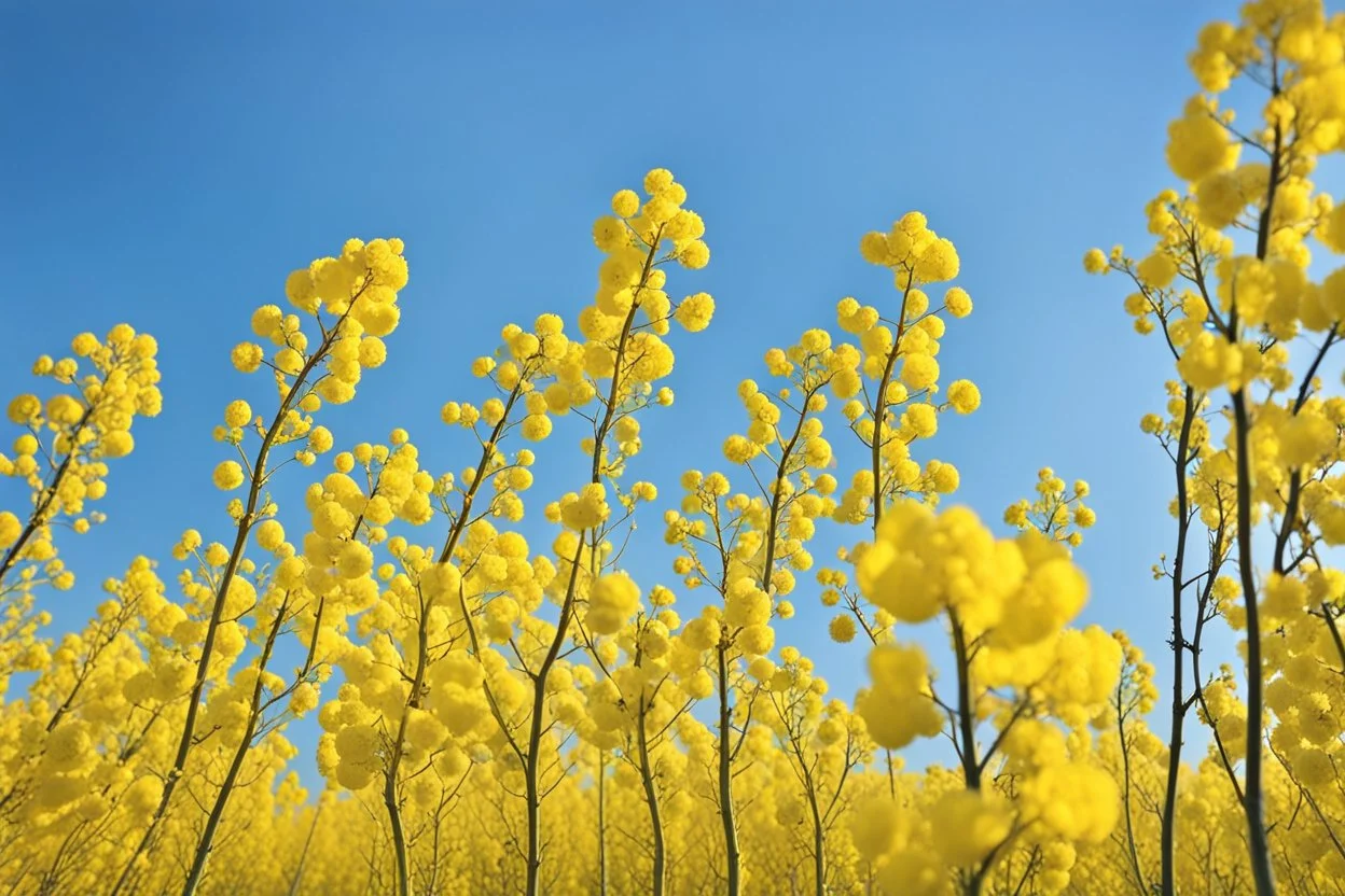 clear blue sky for top half, across Middle is canola flowers with green canola stems branches and leaves below, rapeseed sharp focus, realistic