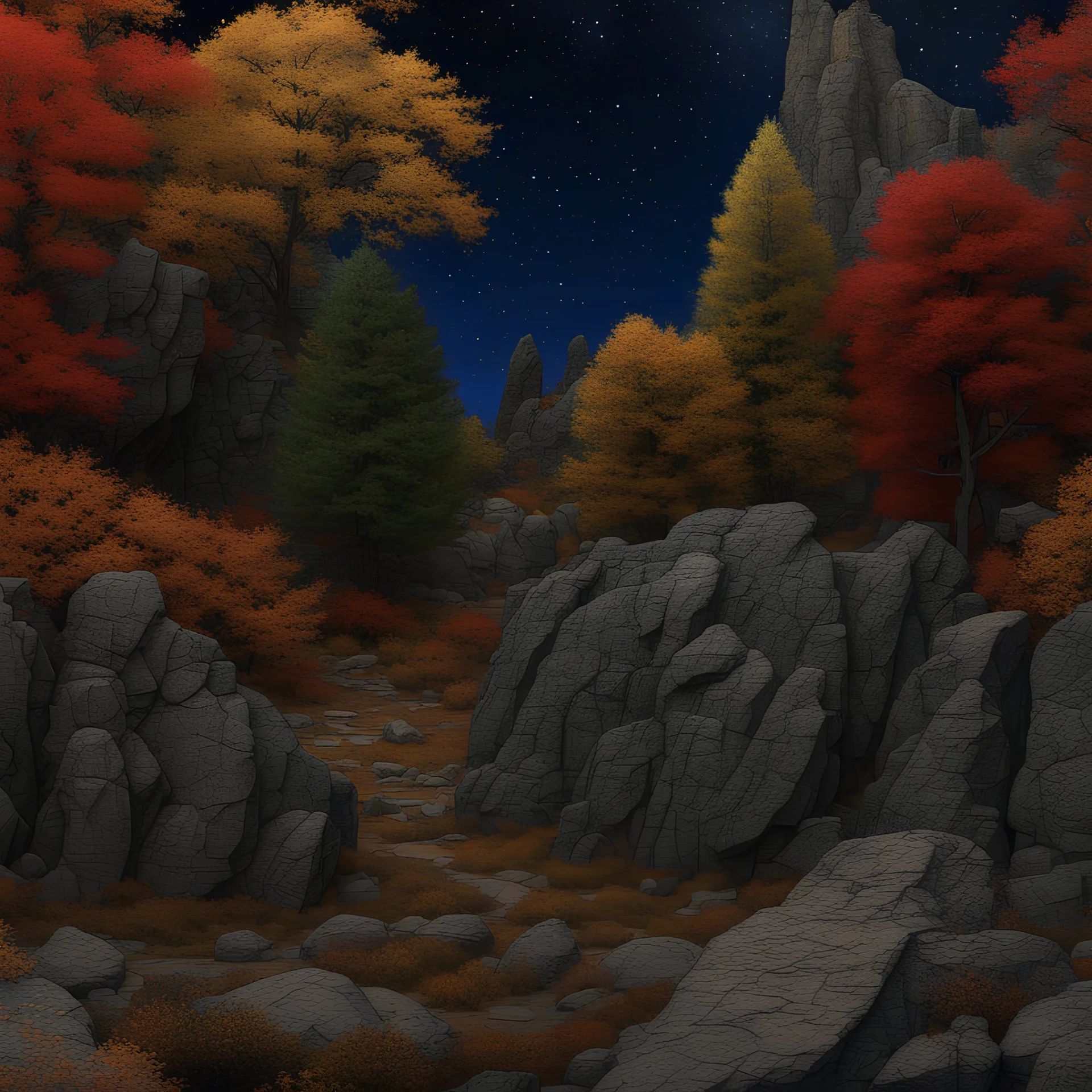 Colourful, peaceful, Egon Schiele, Max Ernst, Vincent Van Gogh, night sky filled with galaxies and stars, rock formations, medieval miniature, trees, flowers, sharp focus, 8k, deep 3d field, intricate, ornate